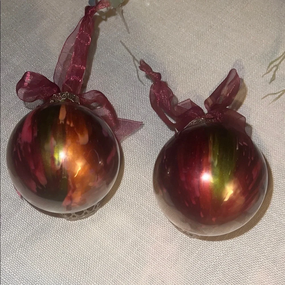 Burgundy Red & Green Swirled Christmas Ornaments (x2)